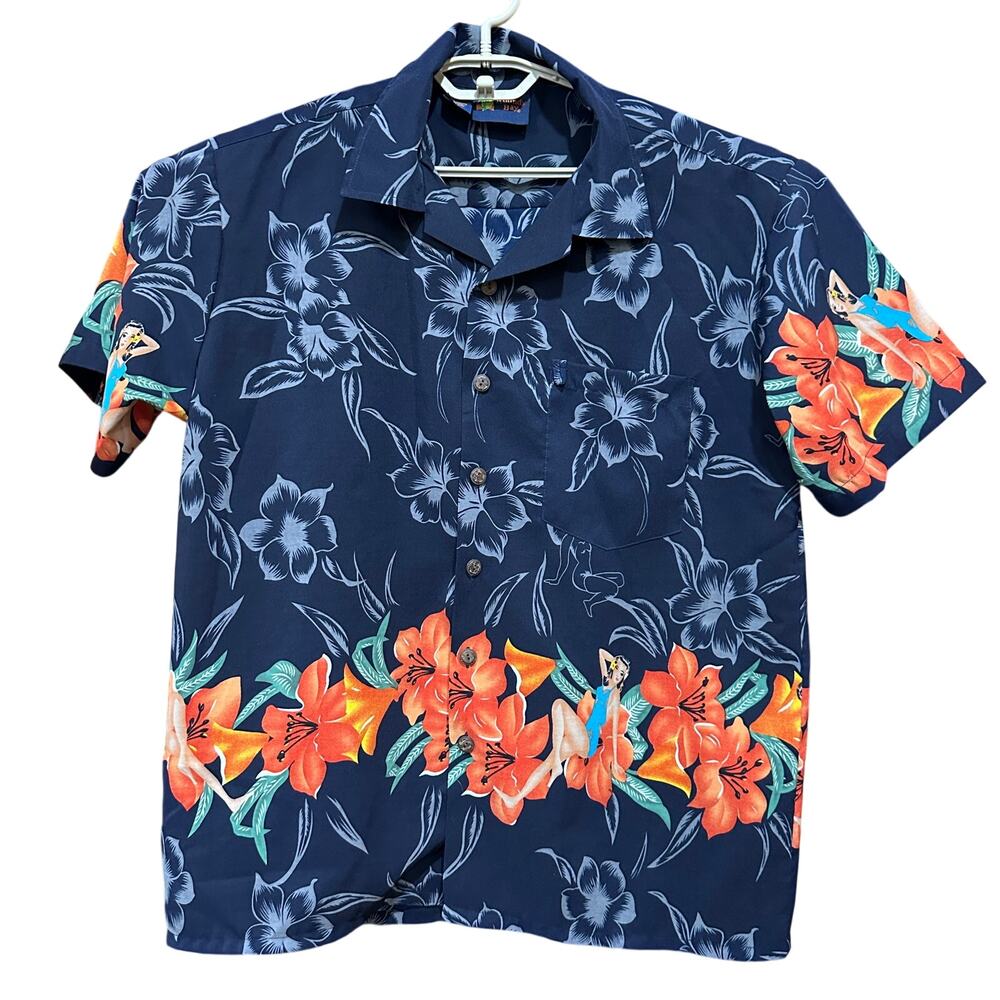 Roundy Bay Hawaiian Shirt Mens Size L Blue Orange Floral Button Up Short Sleeve